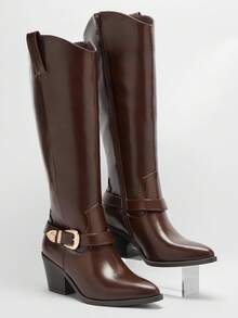Solezae Women's Fashionable & Comfortable Western Boot With Strap And Hardware - Brown - View 2