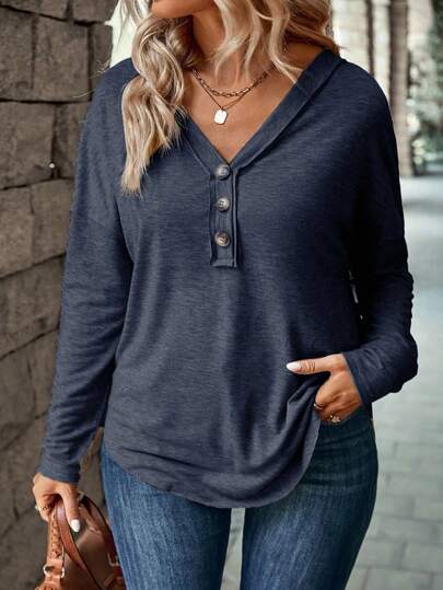 EMERY ROSE Plus Size Women Solid Color V-Neck Button Long Sleeve Casual T-Shirt