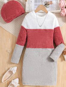 Tween Girl Double-Faced Fleece Color Block Long Sleeve Dress With Fuzzy Hat, Fall/Winter - Multicolor - View 4