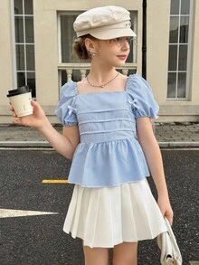 青少年女孩休闲泡泡袖蝴蝶结衬衫 - 藍色 - 查看 7