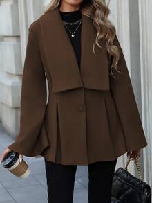 EMERY ROSE Women's Elegant Commuter Casual French Style Turndown Collar V-Neck Double-Breasted Open Waist A-Line Pleated Flare Sleeve Loose Cuff Long Sleeve Woolen Coat, Suitable For Spring, Autumn And Winter - Brown - View 5