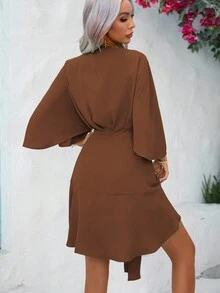 EMERY ROSE Robe enveloppante à manches chauve-souris, nœud sur le côté, tenue de vacances et de plage pour femmes - Marron - Voir 2