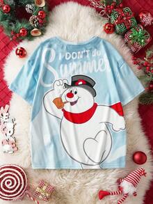 Frosty the Snowman X SHEIN Tween Girl Letter & Cartoon Snowman Pattern Round Neck Short Sleeve T-Shirt - Multicolor - View 1