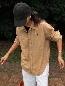 DAZY Locker geschnittenes Hemd mit besticktem Muster, Kentkragen, Langarm, Lässig Vintage Stil für Damen, Herbst/Winter - Braun - Übersicht 5