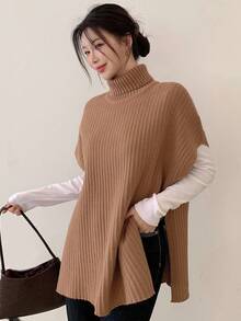 DAZY Suéter de punto suelto de cuello alto y manga corta, de unicolor, elegante y casual, para otoño/invierno - Café integral - Ver 3