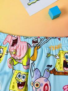 SpongeBob SquarePants | SHEIN 2pcs/Set Young Boy Cartoon Pattern Crew Neck Long Sleeve Top And Pants Knit Casual Stretchy Tight Pajama Set