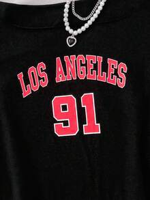 SHEIN 少女休闲皇家黑色针织标语露肩印花短款短袖修身上衣，春夏季，清凉，基本款，日常，百搭，运动时尚夏季上衣，开学季，校服~ - 黑色 - 查看 6