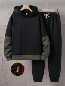 SHEIN 青少年男孩连帽运动衫和运动裤套装，黑色修身款，休闲学院风，舒适时尚，百搭，面料柔软，适合日常穿着、上学、郊游、户外活动、秋冬、返校 - 彩色 - 查看 4