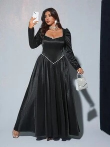 Viva Relle Vestido versátil y de moda con cuello cuadrado, mangas abullonadas con perlas y cintura ceñida en talla grande