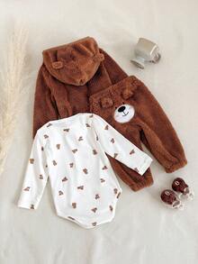 SHEIN 3 件套男婴可爱棕熊耳朵连帽夹克、熊印花露肩连体衣和棕色毛茸茸裤子休闲装，适合户外玩耍或舒适的家居穿着，百搭冬季套装 - 棕色 - 查看 2
