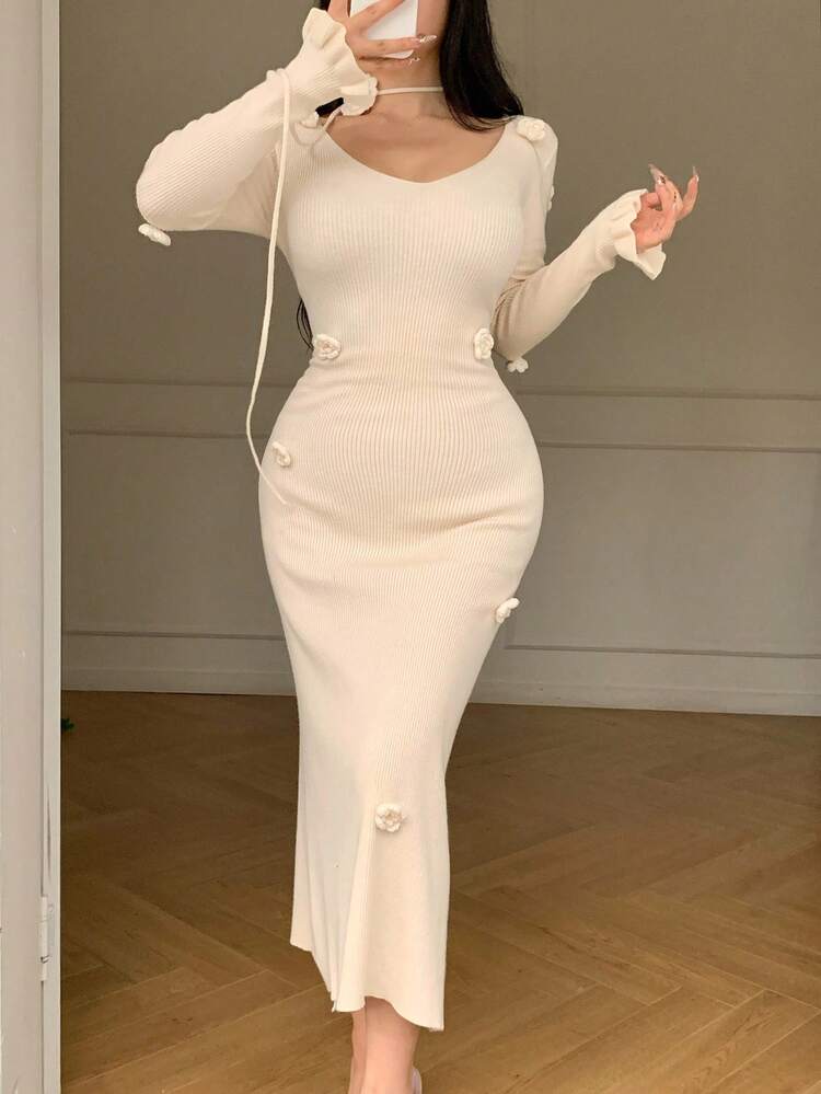 Women's Elegant Solid Color V-Neck 3D Floral Collar Sweater Dress, Autumn