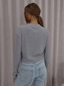 MUSERA Áo thun dáng rộng, cổ bấm, chất liệu gân, kiểu dáng thanh lịch, dễ thương, gợi cảm, thích hợp cho mùa thu, đi chơi đêm, kỳ nghỉ, xuân hè. - Xám - Xem 2