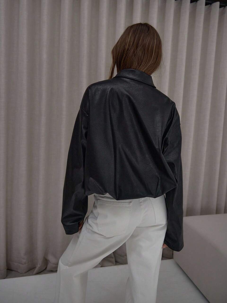 High Neck Zip Up Drop Shoulder Faux Leather Jacket Cute Classy Sexy Streetwear Night Out Winter Party