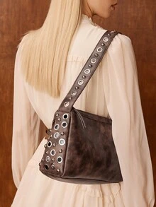 MOTF PREMIUM PU LEATHER RIVET SHOULDER BAG - Coffee Brown - View 8
