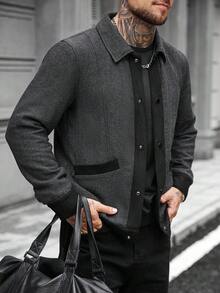 Manfinity CasualCool 男士撞色长袖单排扣休闲羊毛混纺夹克，秋冬 - 黑色 - 查看 1