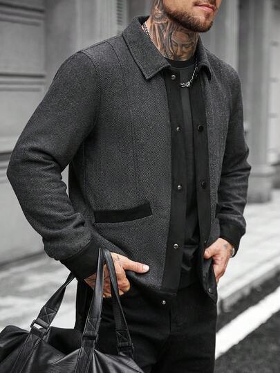 Manfinity CasualCool 男士撞色长袖单排扣休闲羊毛混纺夹克，秋冬