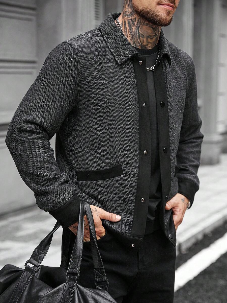 Manfinity CasualCool 男士撞色长袖单排扣休闲羊毛混纺夹克，秋冬 - 黑色 - 查看 1