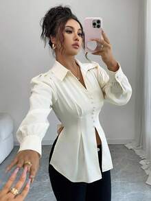 Elenzga Women's Elegant Satin V-Neck Shirt With Button Front, High-End Design Waist Cinching, Bowknot Back, Long Sleeve, Suitable For Work And Commute In Autumn - Apricot - View 1