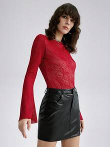 Airlisse Bộ đồ liền thân tay loe in họa tiết hoa lưới hở vai phong cách Pháp cổ điển gợi cảm dành cho nữ - Đỏ - Xem 1