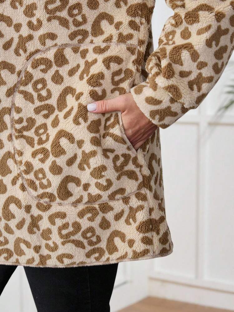 Plus Size Fashionable Leopard Print Suede Double-Sided Hooded Jacket With Pockets, Autumn/Winter Fall