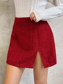 SHEIN Unity Women's Thick Woolen A-Line Skirt, Red, Autumn/Winter - Burgundy - View 5