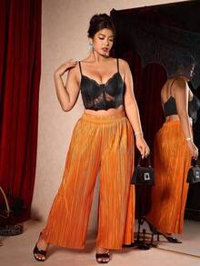 SHEIN PETITE CURVE 大码女装新款高腰宽松直筒休闲阔腿百褶裤，夏季 - 橘色 - 查看 7