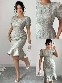 Elenzga Plus Size Round Neck Short Sleeve Textured Embroidered Floral 3D Pattern Fitted Waist French Style Elegant Commuter Slimming Fishtail Dress, Olive Green