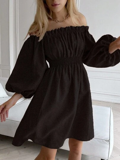 Auralis Plus Size Women's Fall Casual Vacation Style Solid Color Off Shoulder Lantern Sleeve Cinched Waist Dress, Spring/Autumn