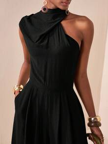 Zivah 2025新款休闲度假日常约会通勤优雅沙滩邮轮派对简约网红爆款高领毛领无袖一字肩宽松连体裤阔腿裤超长裤带口袋军绿色女连体裤 - 黑色 - 查看 10