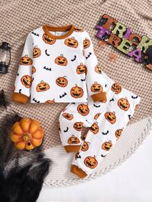 Conjunto de chándal de niño/niña multicolor para otoño/invierno, sudadera con capucha de forro polar grueso con estampado de patrones de Halloween y contraste de colores, y pantalones estampados, adecuado para disfraz de Halloween