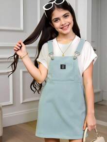 女大童字母補丁細節荷葉邊背帶洋裝不帶T恤 - 藍色 - 查看 4