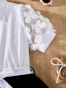 2 件套青少年女孩优雅翻领撞色网眼刺绣短袖衬衫和松紧腰分层裙春夏装、度假、夏季、旅行 - 黑色 - 查看 3