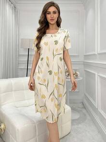 Textured Fabric Short Sleeve Sleep Dress Pajama Dress With Tulip Print, Moo Moo - Yellow - View 6