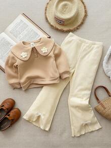 Blossori 2件套年轻女孩法式优雅蝴蝶结前开衩喇叭裤 - 彩色 - 查看 3