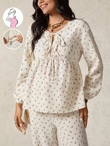 Boho Mama 2pcs Maternity Ditsy Floral Tie Front Lantern Sleeve Shirt And Adjustable Waist Pants Casual Outfit