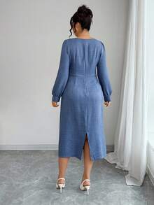 Elenzga 大码女式3D花卉装饰休闲纯色长袖方领连衣裙 - 藍色 - 查看 2