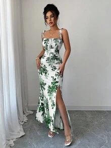 Elenzga 新款女式细肩带蝴蝶结腰部褶饰下摆开衩设计连衣裙，适合约会、派对、日常穿着，优雅迷人 - 綠色 - 查看 6