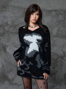 SHEIN Unity Women's Oversized Casual Crew Neck Long Sleeve Jacquard Mohair Knit Pullover Sweater,Black,Autumn,Basic,Street Wear Y2k,Night Out,Halloween - Black - View 6