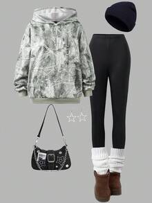 女式树枝印花长袖连帽衫和裤子休闲两件套秋季服装 - 彩色 - 查看 1