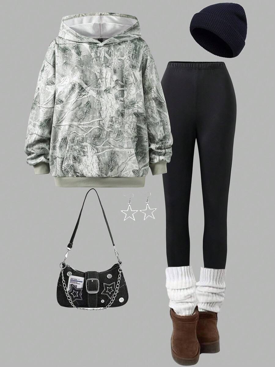 女式树枝印花长袖连帽衫和裤子休闲两件套秋季服装 - 彩色 - 查看 1