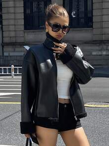 DAZY 女士休闲宽松羊毛常规款夹克，秋季女式外套 - 黑色 - 查看 4