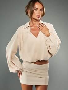MISSGUIDED Oversized Satin Blouse With Puff Sleeves And V Neck For Spring Summer Fall Office Business Casual Elegant - Khaki - View 6