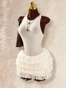Y2K Amplova White 1pc Women's Solid Color Bodycon Tassel Hem Sleeveless Mini Dress White Fringe Dress Layered Fringe Dress - White - View 1