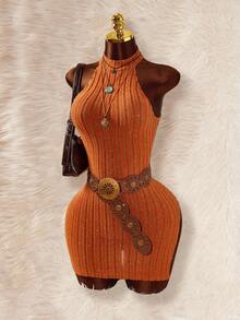 Amplova 女士时尚性感侧开衩露背迷你度假连衣裙 - 橘色 - 查看 3