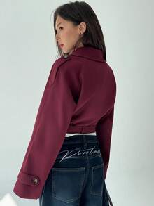 Aloruh Minimalist Commuter Brown Cinched Waist Waist Cropped Khaki Women Trench Coat, Suitable For Autumn - Coffee Brown - View 2