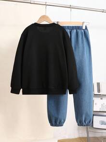 SHEIN Tween Boy Casual Fashion Simple Denim Patchwork Sweatshirt With Pants, Suitable For Daily Wear In Autumn And Winter  Winter Autumn Boys Boy Kids Boys Kids Boy Teen Boys Fall