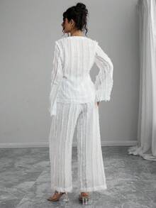 Momance 2pcs/Set Fashionable Feather Print Long Sleeve Top And Wide Leg Pants - White - View 2