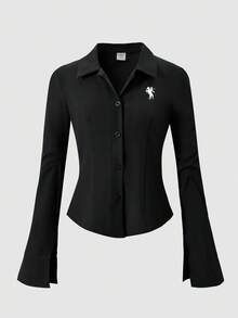 Tween Girls' Printed Fitted Button-Down Long Sleeve Casual Shirt, Book Week Costumes For Tween Girl Fall Winter - Black - View 4