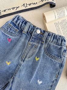 SHEIN Baby Girl Y2K Colorful Heart Embroidered Loose Flared Denim Pants, Blue, Heart Jeans Baby Girl,Fall Clothes,Autumn Clothes ,Casual And Fashionable Vacation Outfits, Baby Jeans Pants Girls, Toddler Girl Jeans Winter - Light Wash - View 3