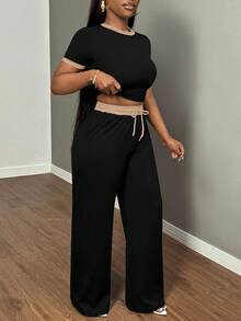 SHEIN SXY Bộ 2 món áo ngắn tay ôm sát màu tương phản gợi cảm và quần dài Bộ đồ hai mảnh thoải mái thường ngày cho nữ Bộ đồ hai mảnh cao - Nhiều màu - Xem 5